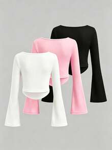 Girls' Solid Color Ruffle Flare Long Sleeve Cropped Top, Round Neck Slim Fit Casual T-Shirt, Tween Girl Y2K Style Short Cover Up - Multicolor - View 2