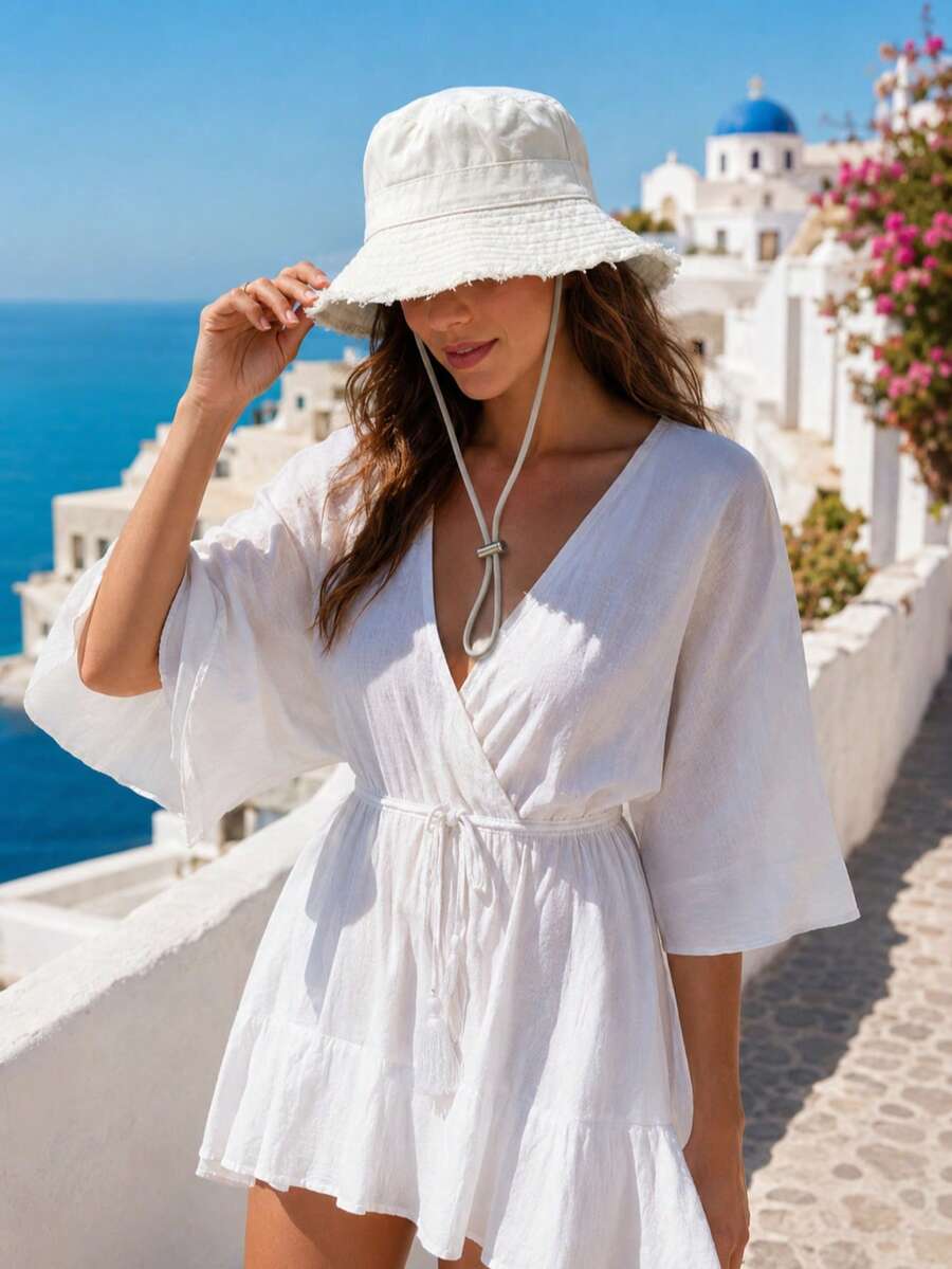 1pc Women's Wide Brim Bucket Hat, Polyester Material, Sun Protection & Windproof, Suitable For Beach Vacation & Outdoor, Frayed Edge Design, With Adjustable Chin Strap - Multicolor - View 1