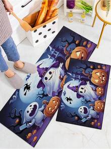 1/2pcs Halloween Kitchen Decor Rug, Cute Ghost Pumpkin Kitchen Rug And Mat, Non-Slip Washable Absorbent Kitchen Accessories Decor Mat - Multicolor - View 4