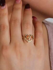 2pcs Hollow Heart Letter Rings, American Luxury Style Adjustable Versatile Stackable Accessories, Couple/Best Friend Matching Rings - SJZ-086-j-k - View 4