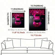 Pink Porsche 911 GT3 R R-OXY Vertical Canvas Poster, Dark Gradient Background Top Down Race Car Shot Big Bold "PORSCHE" Text Print, Unframed Wall Art For Car Enthusiast Garage Bedroom Decor - A - View 6