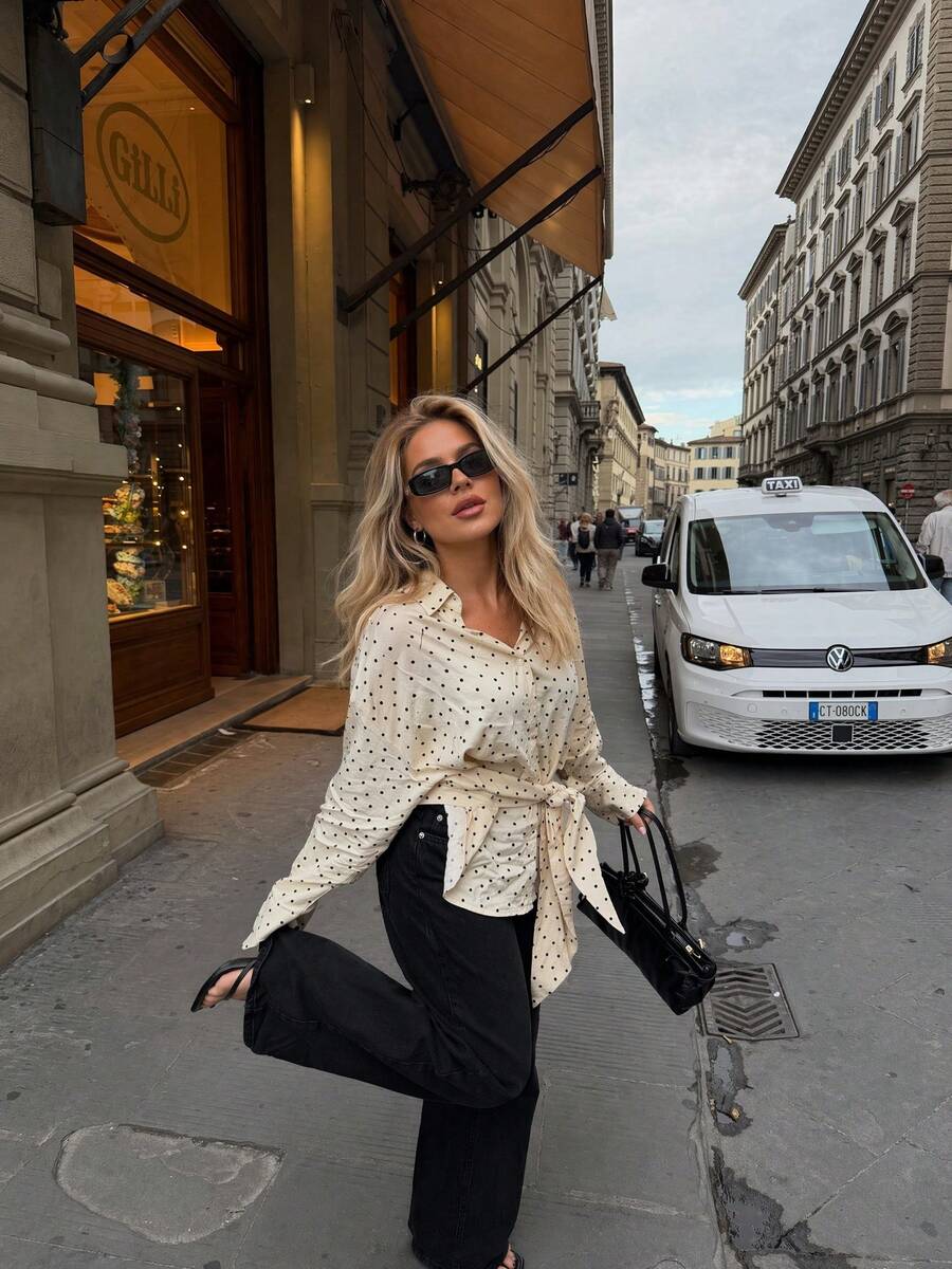 Autumn Women's Polka Dot Belt Tie Long Sleeve Blouse, Sacco Style Mature Confident Women, Back To School First Day Outfit, Women's Polka Dot Shirt Collar Long Sleeve Tie Asymmetrical Hem Top, Woven Fabric Regular Fit Autumn University First Day Teacher's Day Blouse