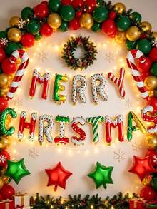 1 Set Merry Christmas Balloons, Red & Green Star Balloons, Spiral Candy Pattern Foil Balloons, Suitable For Christmas Party Decoration - Multicolor - View 1
