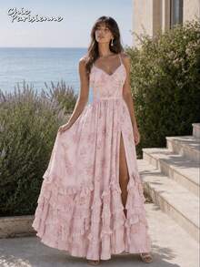 Pink Floral Chiffon V-Neck Backless Tiered A-Line Maxi Dress - 粉色 - 查看 8