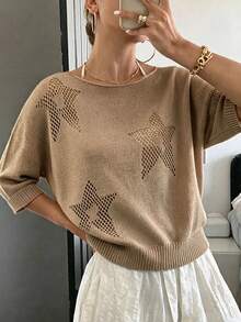 Women's Hollow Pattern Loose Round Neck Pullover Top - Khaki - View 5