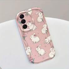 Creative White Rabbit & Flower Pattern Creamy Wavy Asymmetric Edge Protective Phone Case Compatible With Samsung A14/A15/A16/A17/A04/A05/A06/A07/A54/A55/A56/A57/A34/A35/A36/A37/S26/S26Plus/S26Ultra/Transsion SMART7/8/9/10/Honor 400/400Pro/200/200Pro/X7C/X8C/X9C/ 10C/13C - White - View 5
