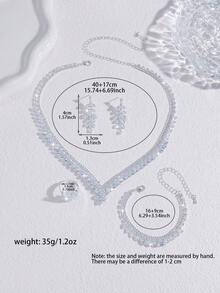 Conjunto de collar de lujo con forma de V y strass completo, collar de novia de boda de circonita + pendientes + anillo + pulsera, accesorios para vestido de banquete - Plateado - Ver 5