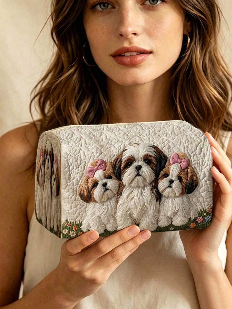 西施犬幼犬圖案絎縫化妝包,輕量便攜,可堆疊收納;透氣網布與可水洗內裡;適合存放化妝刷、口紅、保養品瓶、珠寶等物品,滿足日常收納、過夜旅行、度假與健身房收納需求;旅行愛好者的理想選擇,幫您整齊收納小物品並輕鬆取用 - 彩色 - 查看 1