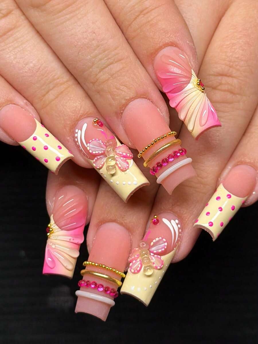24 piezas de uñas postizas cuadradas largas, base rosa nude, puntas francesas con lunares crema, mariposa 3D y pétalos degradados, anillos con cuentas doradas y cristales rosas, estilo dulce y femenino, para citas diarias y salidas casuales, uñas reutilizables con pegamento de gelatina y lima de uñas - Óxido marrón - Ver 1