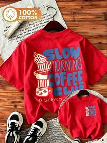 Women's Double-Sided Print Coffee Cup Tee, Hand-Painted Style "Slow Morning Coffee Club" Graphic, Round Neck Short Sleeve 100% Cotton Summer Top - 紅色 - 查看 1