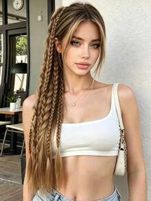 24 Inch Long Brown Mixed-Color Synthetic Curly Braided Ponytail Wig For Women, Including Flipped Braids, Plaits, Fishtail Braids, And Elastic Hair Ties. Suitable For Everyday Wear, Braided Extensions, And Voluminous Hairstyle Accessories., Halloween - Multicolor - View 11