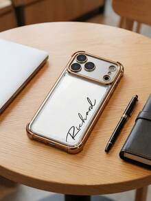 客製化姓名手機殼，相容 iPhone 17 Pro Max 17 Air，透明防震電鍍鏡頭膜相機保護，壓克力 + TPU 緩衝保護殼，相容 iPhone 17 Pro Max，適合聖誕節 - 金色 - 查看 4