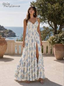 Blue White Floral Chiffon V Neck Backless Tiered A Line Maxi Dress - 藍白色 - 查看 6