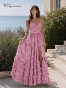 Pink Purple Floral Chiffon V-Neck Backless Tiered A-Line Maxi Dress - 粉紅紫 - 查看 8