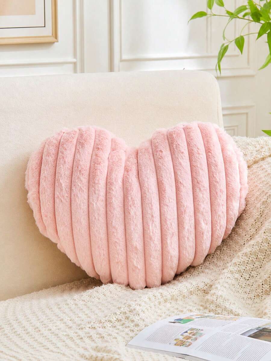 1PC Ribbed Velvet Heart Shaped Throw Pillow, Soft Romantic Decorative Cushion For Sofa Couch Living Room Bedroom, Valentine's Day Gift Aesthetic Home Decor Room Decoration - Pink - View 1