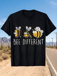 Short-Sleeved T-Shirt With Round Neck, 100% Cotton, With A Cartoon Print Of Three Bees, Large Size, Comfortable, Casual, Machine Washable. - Black - View 1