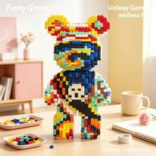 1436pcs Large Shout Bear Building Blocks Set, Creative Interlocking DIY Assembly Toy, Suitable For Adults And Teens, Party Games, Office And Home Decor, Durable Plastic Construction Kit - Blue and White - View 1