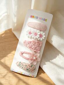 5pcs Handmade Daisy Hair Clips Set, Vintage Lace Embroidered Flower Hair Clips, Polka Dot And Plaid Print Fabric Hair Clips, Suitable For Children - Multicolor - View 15