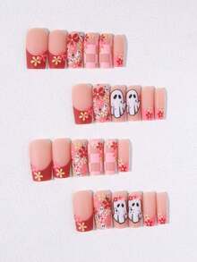 24pcs Long Coffin Shape Matte Halloween Nails, Pumpkin, Ghost, Bat, Blood Drop, Mummy, Spider Web Design, Square Nail Set Includes: 1pc Double-Sided Adhesive And 1pc Nail File, Halloween Nails Suitable For Women And Girls Daily Life And Party Use - Multicolor - View 4