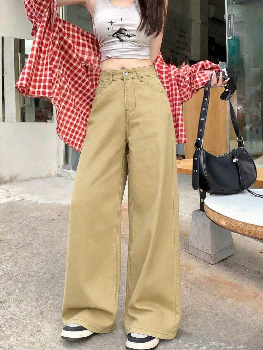 女款韓式深藍色寬腿牛仔長褲，高腰修身顯高，寬鬆直筒，春夏休閒款