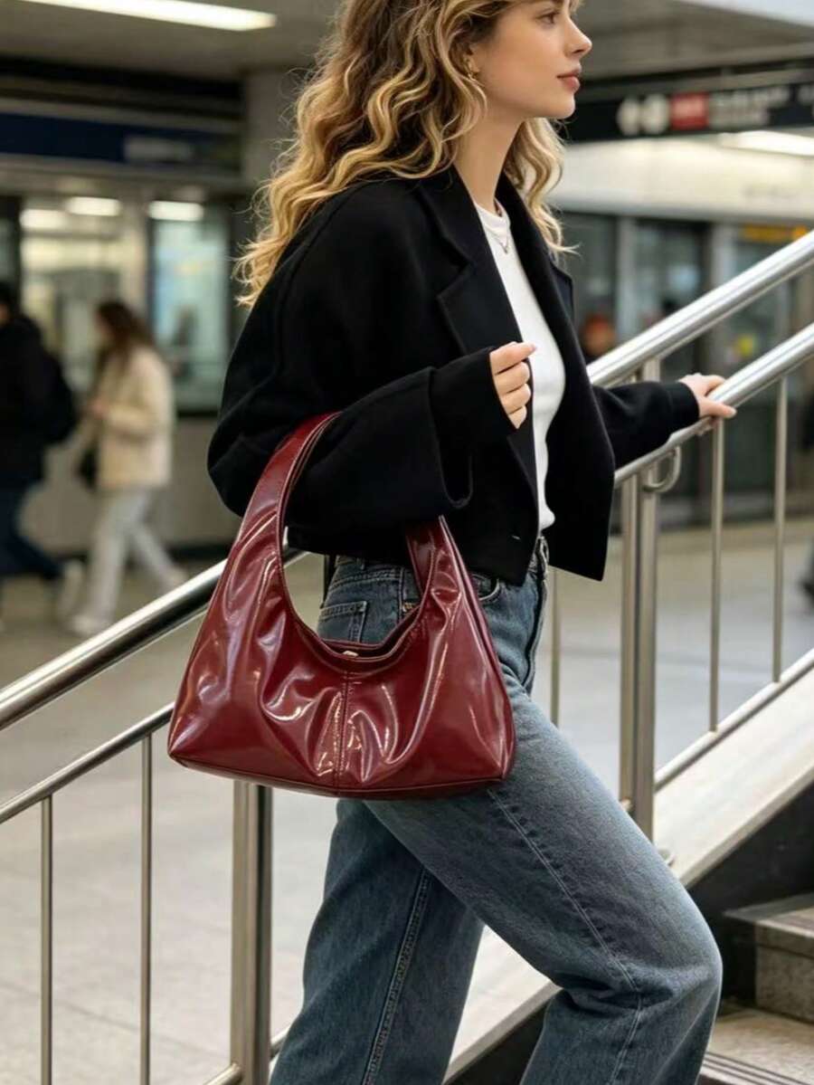 純色亮面PU腋下包復古半月形手提包極簡百搭通勤單肩包女款小眾紋理通勤包宴會派對街頭旅行時尚百搭