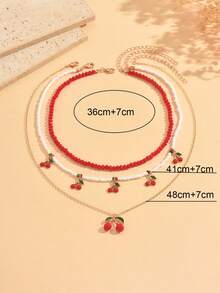 3pcs/Set Fashion Sweet Cherry Pendant Tassel Red White Rice Bead Beaded Necklace, Popular Dopamine Women's Neck Jewelry, Suitable For Daily Wear, Dating, Party And Vacation - Multicolor - View 4