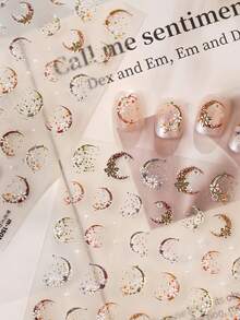 1pc 5D Moon Flower Nail Stickers, Mini Gold Crescent Daisy Star Glitter Nail Art Stickers For Nail Tips,Simple Manicure Tips For Summer, Ideal For Halloween Fairy Witch Party, Date & Daily Outfit, Premium Nail Supplies For Ladies - Multicolor - View 5