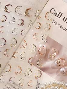 1pc 5D Moon Flower Nail Stickers, Mini Gold Crescent Daisy Star Glitter Nail Art Stickers For Nail Tips,Simple Manicure Tips For Summer, Ideal For Halloween Fairy Witch Party, Date & Daily Outfit, Premium Nail Supplies For Ladies - Multicolor - View 2