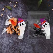 100入隨機圖案萬聖節餅乾包裝袋，南瓜派對幽靈糖果自黏禮物袋，節日禮品包裝袋 - 透明色 - 查看 5