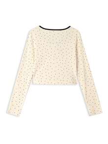 Sweet & Spicy Style Contrast Color Black Trim Bowknot Polka Dot Top, Slim Fit Cropped Long Sleeve Inner Layer, Random Pattern Cut - Apricot - View 5