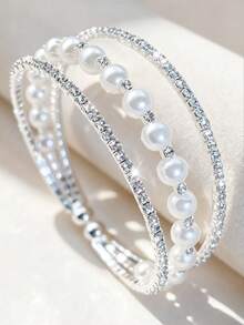 1/10pcs 3-Layer Fashion Elegant Rhinestone Inlaid Cross Shiny Bling Bling Faux Pearl Spaced Stackable Wrap Elastic Open Cuff Bracelet For Women, Party, Evening, Wedding, Gift - B3-13 - View 9