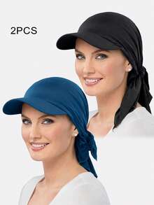 2 piezas Gorras de béisbol con visera de pico de pato para mujer con lazos y cintas, sombreros para el sol para uso diario - negro/azul agujero - Ver 5