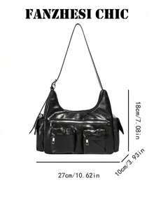 Tas Bahu Multi-Saku Hitam Y2K, Tas Bahu Praktis Berkilau dengan Lapisan Minyak dan Lilin, Desain Samping dengan Dua Saku Resleting di Bagian Depan, Kapasitas Besar, Tas Harian - Hitam - View 2