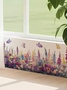 1pc Wildflower & Butterfly Romantic Purple Tone Wall Decor Sticker, Removable Room Wall Decal For Bedroom, Living Room, Entryway, Baseboard - 1PC - View 2