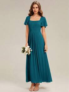優雅雪紡短袖方領鴨藍伴娘禮服，秋季婚禮賓客晚禮服，秋季婚禮賓客洋裝 - 水鴨藍 - 查看 5