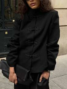 Jaket Kardigan Vintage Wanita Warna Polos Baru untuk Musim Gugur/Dingin, Cocok untuk Pemakaian Sehari-hari dan Liburan, Warna Hitam - Hitam - View 3