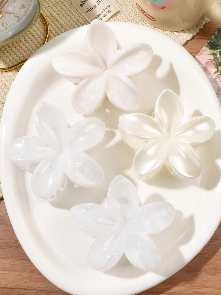 4件組 春夏波希米亞甜美米色與白色混色大理石紋路雞蛋花髮夾套組,海灘海邊風清新盤髮髮飾 - 白色 - 查看 1