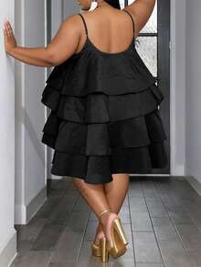 2026 Plus Size Women's Solid Color Multi-Tier Sleeveless Spaghetti Strap Puffy Satin Mini Dress, Women's Plus Size Formal Dress, Holiday Vibe Outfit, Spring/Summer New Arrival, Elegant Style Black - Black - View 2