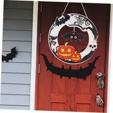 1pc Happy Halloween Wooden Door Hanging Decor, Spider Web Pumpkin Ghost Skull Wall Plaque, Front Porch Party Decoration - Multicolor - View 10