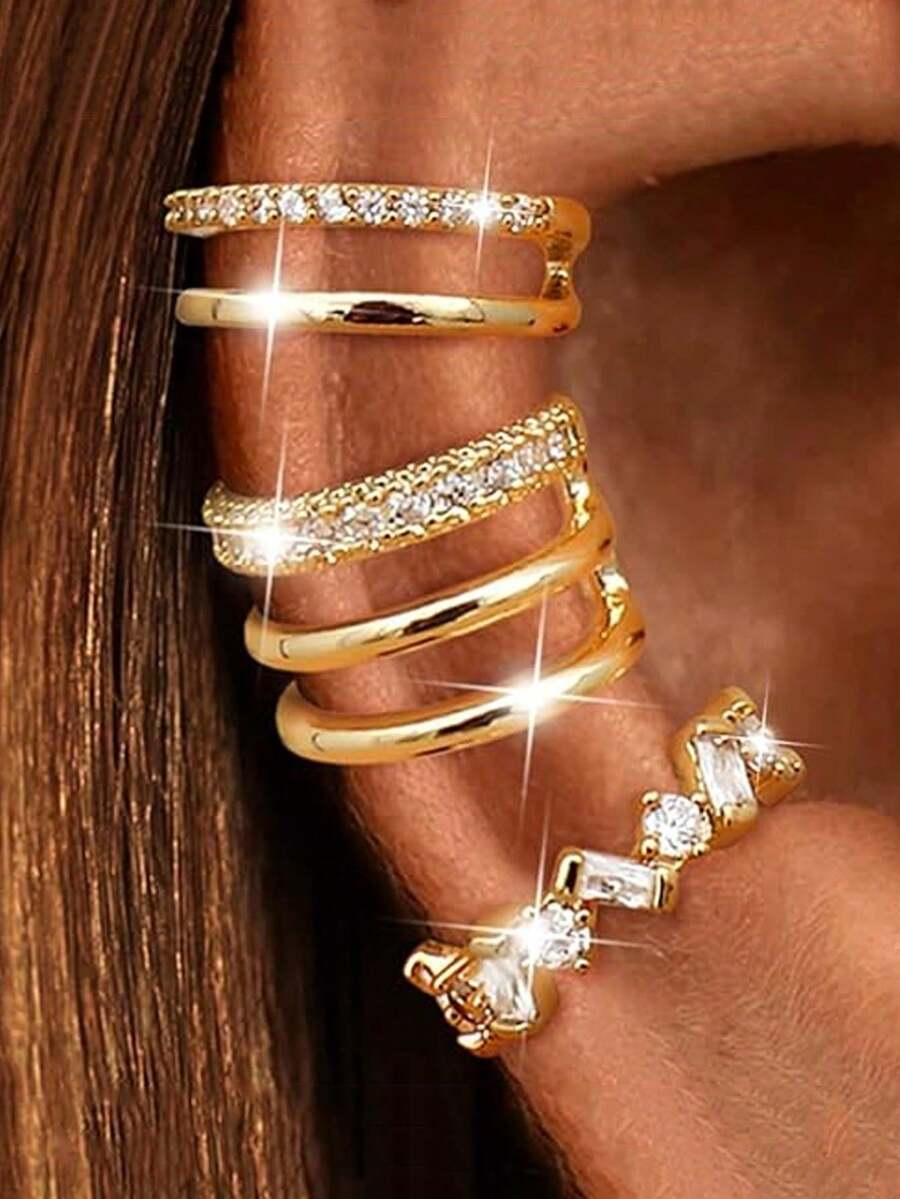 3pcs/Set (Single Ear) Fashion Women's Clip-On Earrings, Exquisite Star And Geometric Hoop Fake Earrings, Suitable For Party And Daily Wear, All Seasons, Convenient Clip-On Design - Gold - View 1