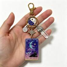 1pc Vintage Moon Black Cat Tarot Card Keychain With 26 Letter Charms, Crystal Sun Moon Star Personalized Backpack Pendant - Multicolor - View 5