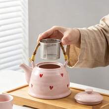 1 Set Cute Pink Heart Pattern Ceramic Tea Set, Vintage Wavy Porcelain Teaware, Includes Bamboo Woven Handle Teapot And 4 Striped Teacups, Portable Afternoon Tea Drinkware Set, Suitable For Home Kitchen, Wedding, Valentine's Day Gift - Multicolor - View 8