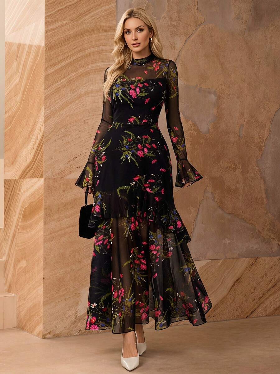 Gothic Elegant Sexy Mesh Patchwork Colorful Floral Print Retro Flare Sleeve Ruffle Hem Fishtail Double Layer Dress - Multicolor - View 1