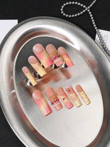 24 piezas de uñas postizas cuadradas largas, base rosa nude, puntas francesas con lunares crema, mariposa 3D y pétalos degradados, anillos con cuentas doradas y cristales rosas, estilo dulce y femenino, para citas diarias y salidas casuales, uñas reutilizables con pegamento de gelatina y lima de uñas - Óxido marrón - Ver 4