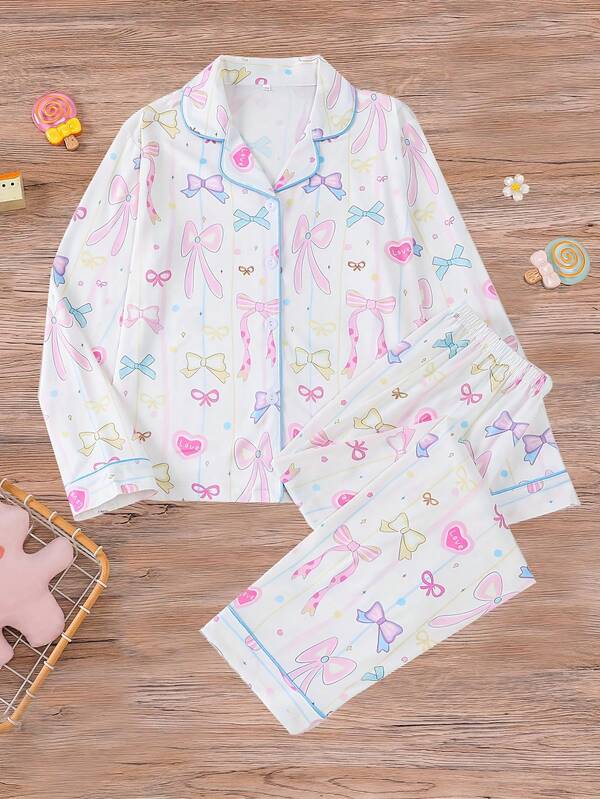 2pcs/Set Tween Girl Autumn/Winter Home Wear Set, Lapel Cardigan Long Sleeve Long Pants Full Print Colorful Bowknot Girls Pajamas Set, Cute Sweet Home Wear, Matching Colorful Bowknot Print Casual Comfortable, Cute Fashionable Tween Girl Flame Retardant Pajamas, Suitable For Tween Girl And Older Children, Can Be Worn Outdoors For Holiday Party Pajamas Home Wear 2pcs/Set, Holiday Party Pajamas