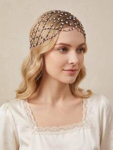 1pc Women's Vintage Rhinestone Hollow Hair Net Head Chain, Shiny Mesh Woven Full Rhinestone Headpiece, Elegant Bridal Wedding Evening Party Hair Accessory, Gothic Halloween Dark Element Women's Hair Accessory - Black - View 6