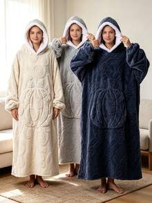 Hooded Pumpkin Wearable Blanket Bathrobe, Suitable For Cold Weather, Multiple Colors Available: Beige, Light Gray, Navy Blue, Orange Red, Pumpkin Embossed Pattern, Heavyweight Thickened Flannel Lining With Lamb Fleece, Long Pile Texture - Multicolor - View 10