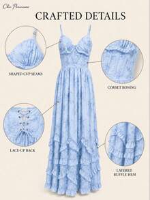 Sky Blue Floral Chiffon V-Neck Backless Tiered A-Line Maxi Dress - 天藍色 - 查看 10
