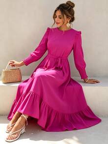 Joyfunear Gaun Maxi Wanita Warna Polos, Leher Bulat, Lengan Panjang, dan Hem Berkerut, Elegan dan Modis untuk Musim Semi/Panas - Hot Pink - View 5