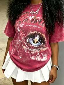 Cotton Clothes Y2K-Inspired Letter Print T-Shirt,Casual Crew Neck Short Sleeve, Perfect For Spring Summer Fall, Fashion Streetwear Unisex, Graphic Tee - 玫紅色 - 查看 2